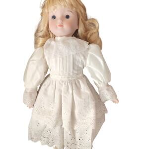Classic Collectors Elegant White Porcelain Doll with white lace dress
